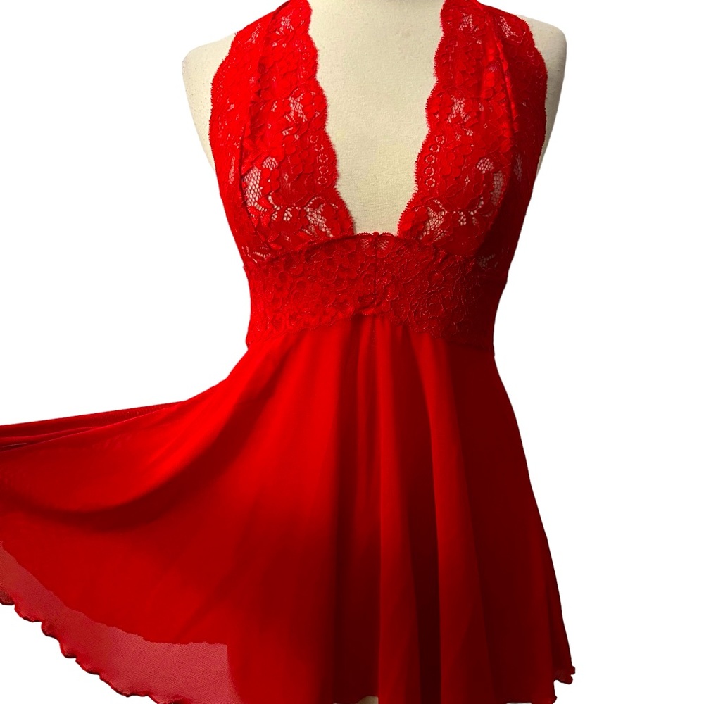 Rene Rofe Ultra Mini Chemise in Red, Sheer wirh Lace Halter, Stretch, Small